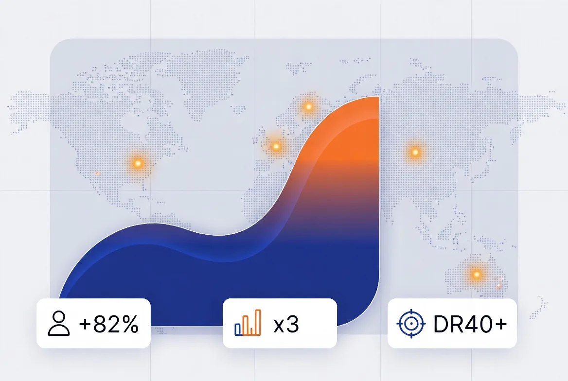 Analytics dashboard with a rising organic traffic curve and international reach indicators